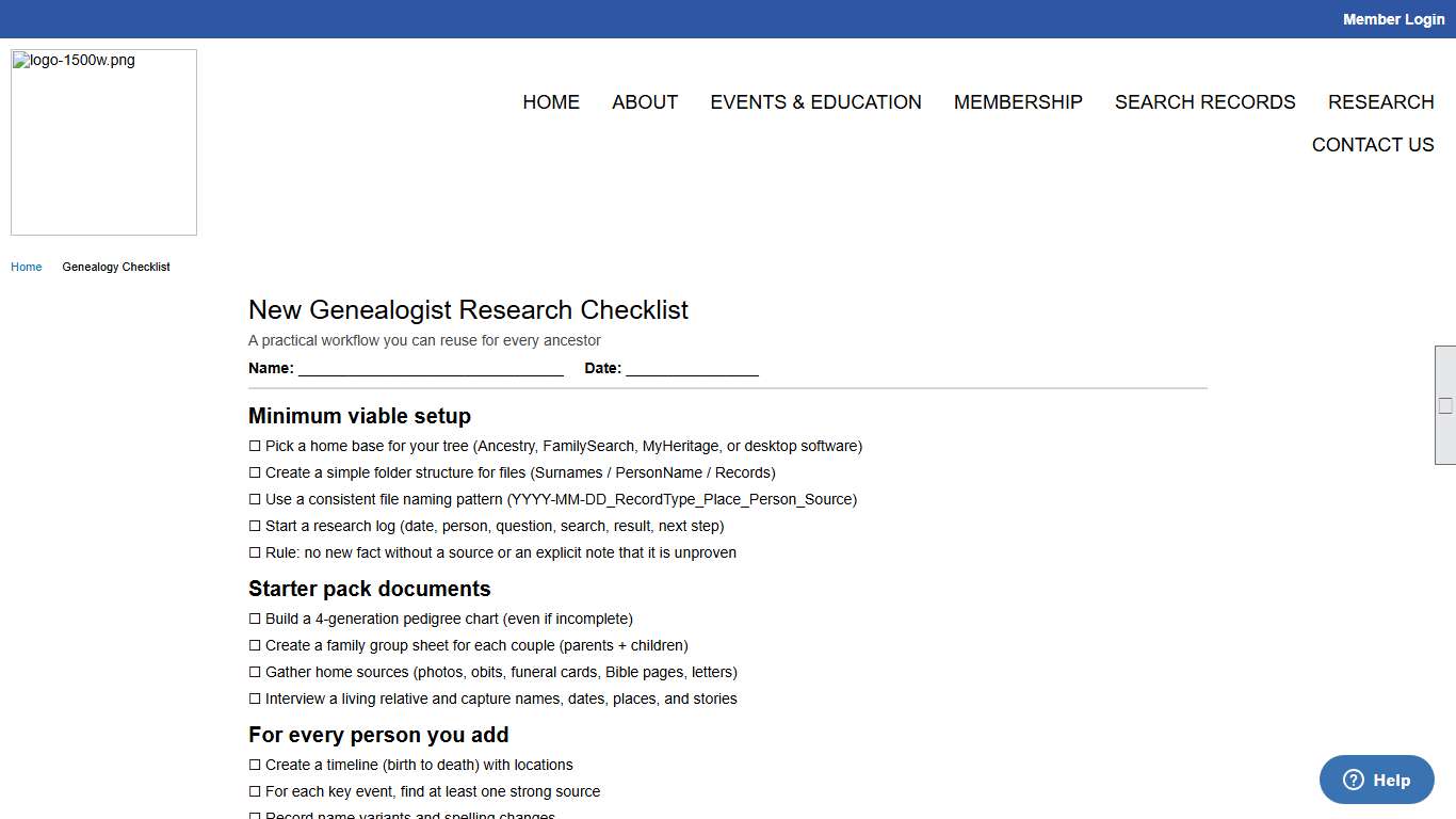 Genealogy Checklist - McHenry County Illinois Genealogical Society