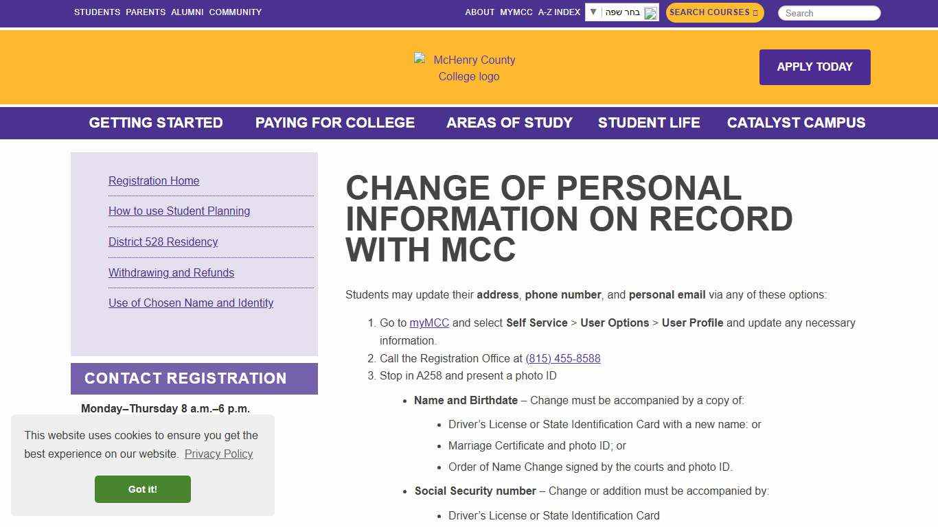 Change of Personal Information on Record with MCC McHenry County College